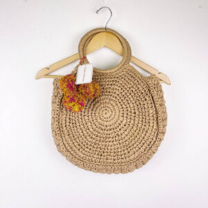 NEW Pom Pom Tassel Straw Bag Studio Collection Top Handle Purse Lined